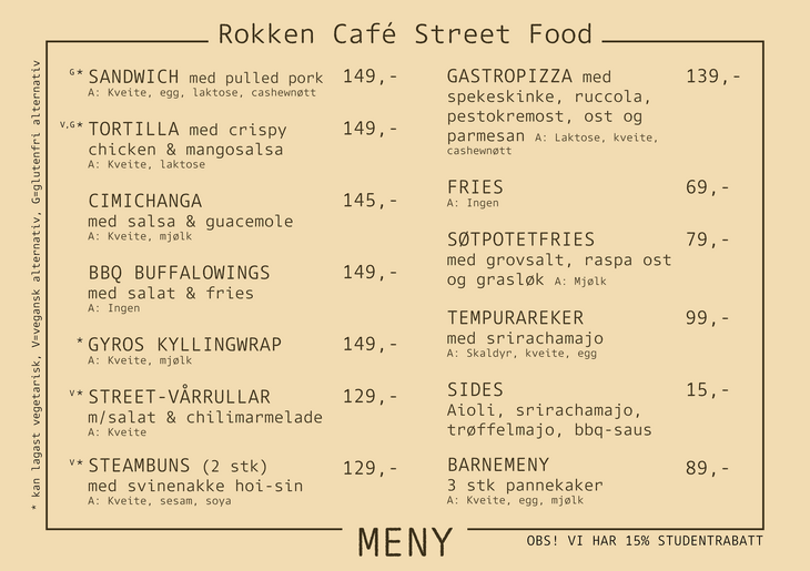 Menu at Rokken Café, in norwegian