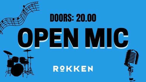 banner med tekst: Doors: 20.00 OPEN MIC ROKKEN. illustrasjon av ein gammal mikrofon, notar og eit trommesett.