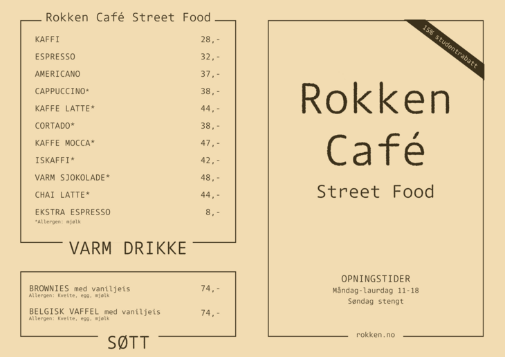 Bilde av drikke- og søtsakermenyen på Rokken Café