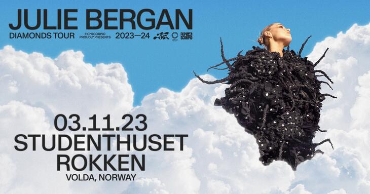 Promofoto av Julie Bergan med påskrift: Julie Bergan Diamonds Tour 03.11.23 Studenthuset Rokken, Volda, Norway