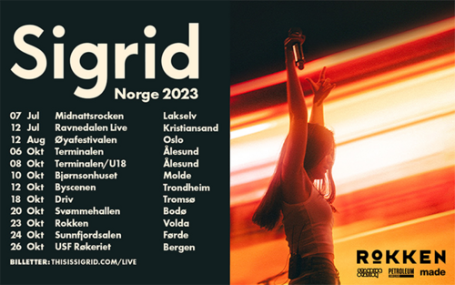 banner med bilde av Sigrid og påskrift Sigrid Norge 2023, og oppramsing av turnédatoar