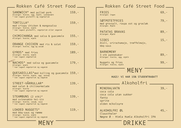 inside of the menu at Rokken Café