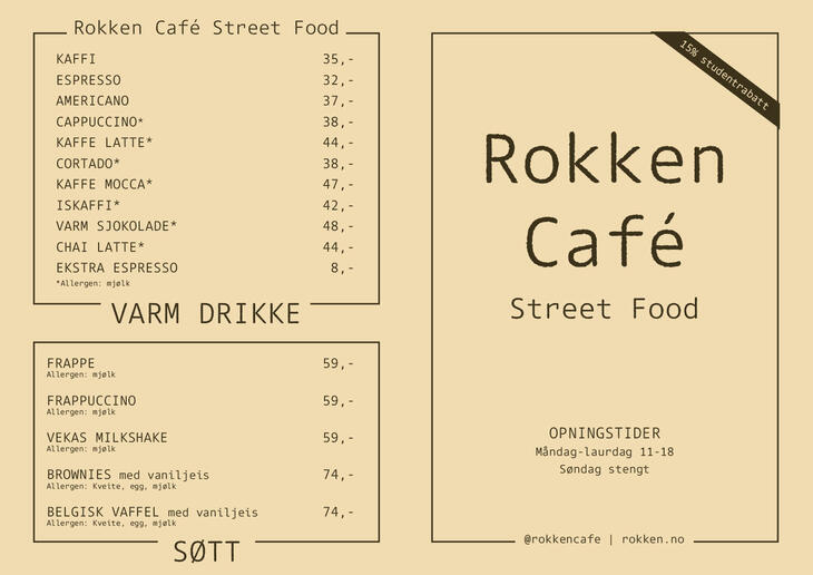 Utsida av menyen på Rokken Café